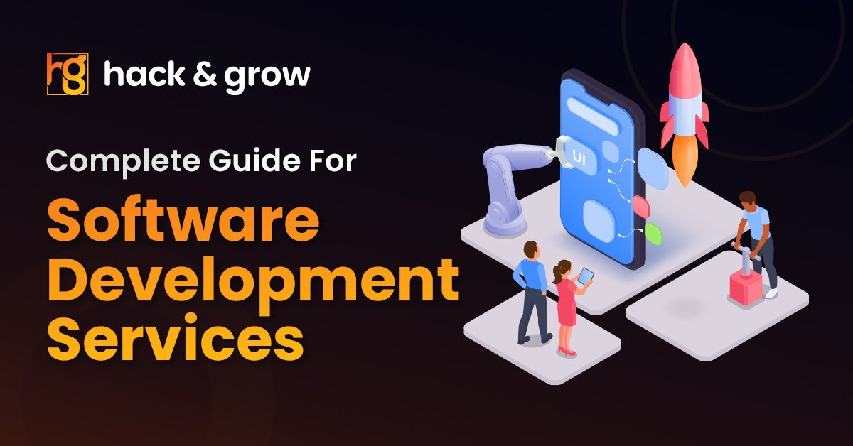 the image content, which includes developers collaborating on code, computer screens displaying lines of code, and other typical elements associated with software development services.